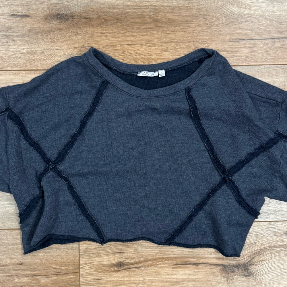 VASNA Navy Cropped Long Sleeve Crew Neck Sweatshirt W/ Frayed Detailing | Size S